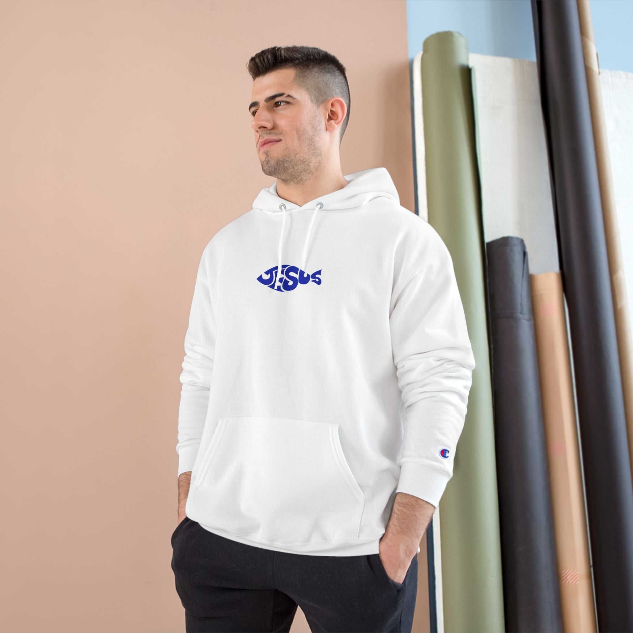 Jesus Fish Hoodie | Christian Faith Small Logo, White Pullover