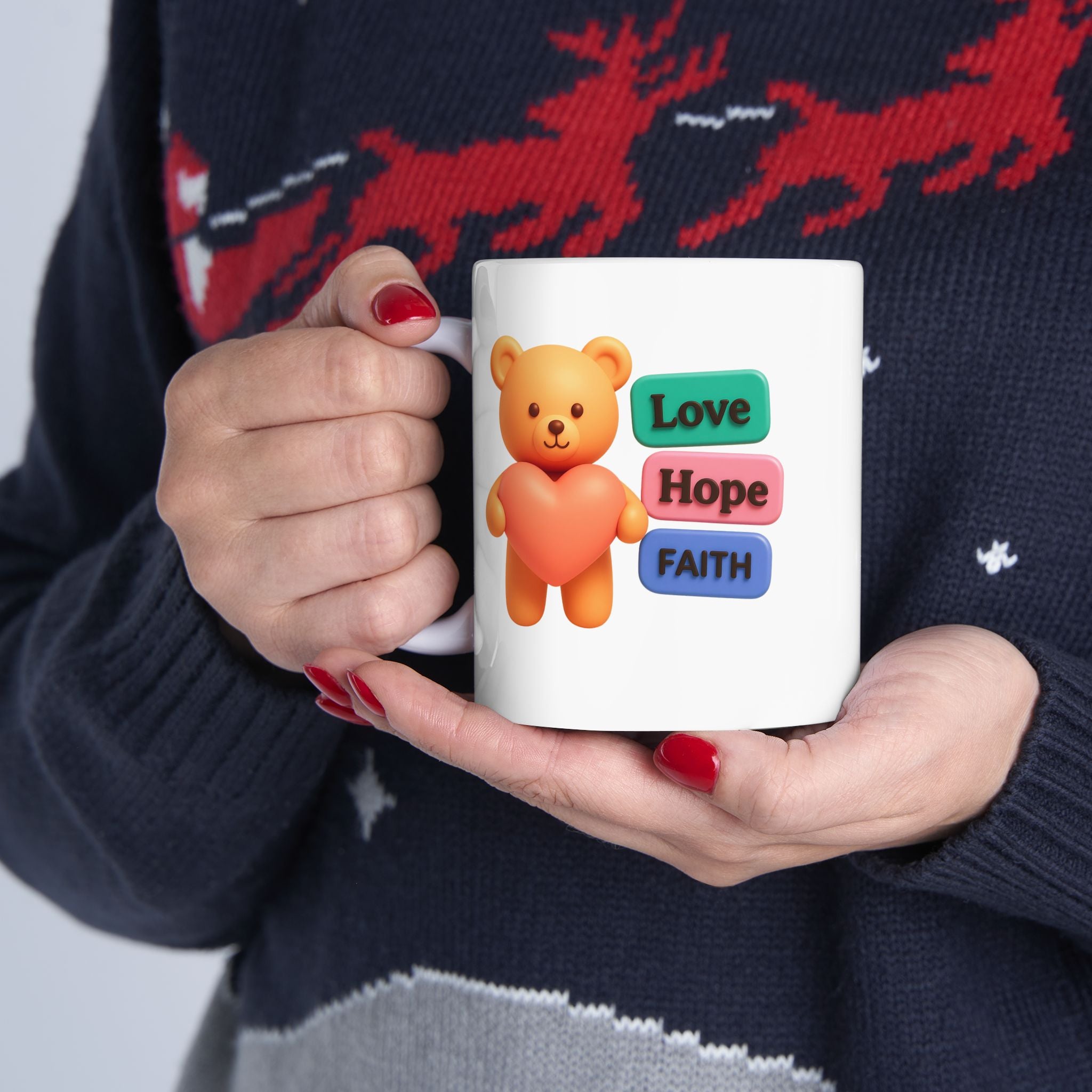 Cute Heart Bear Illustration Mug | Colorful Motivational Text Buttons