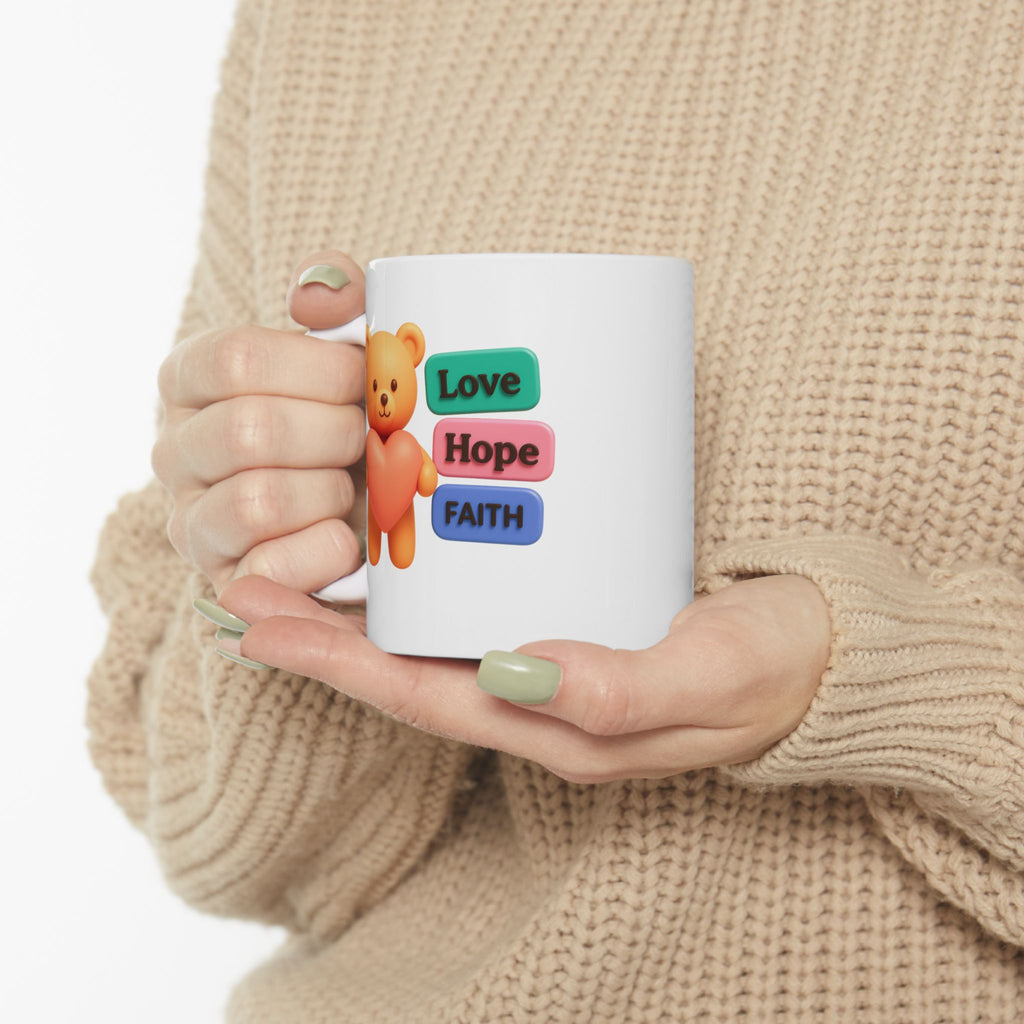 Cute Heart Bear Illustration Mug | Colorful Motivational Text Buttons