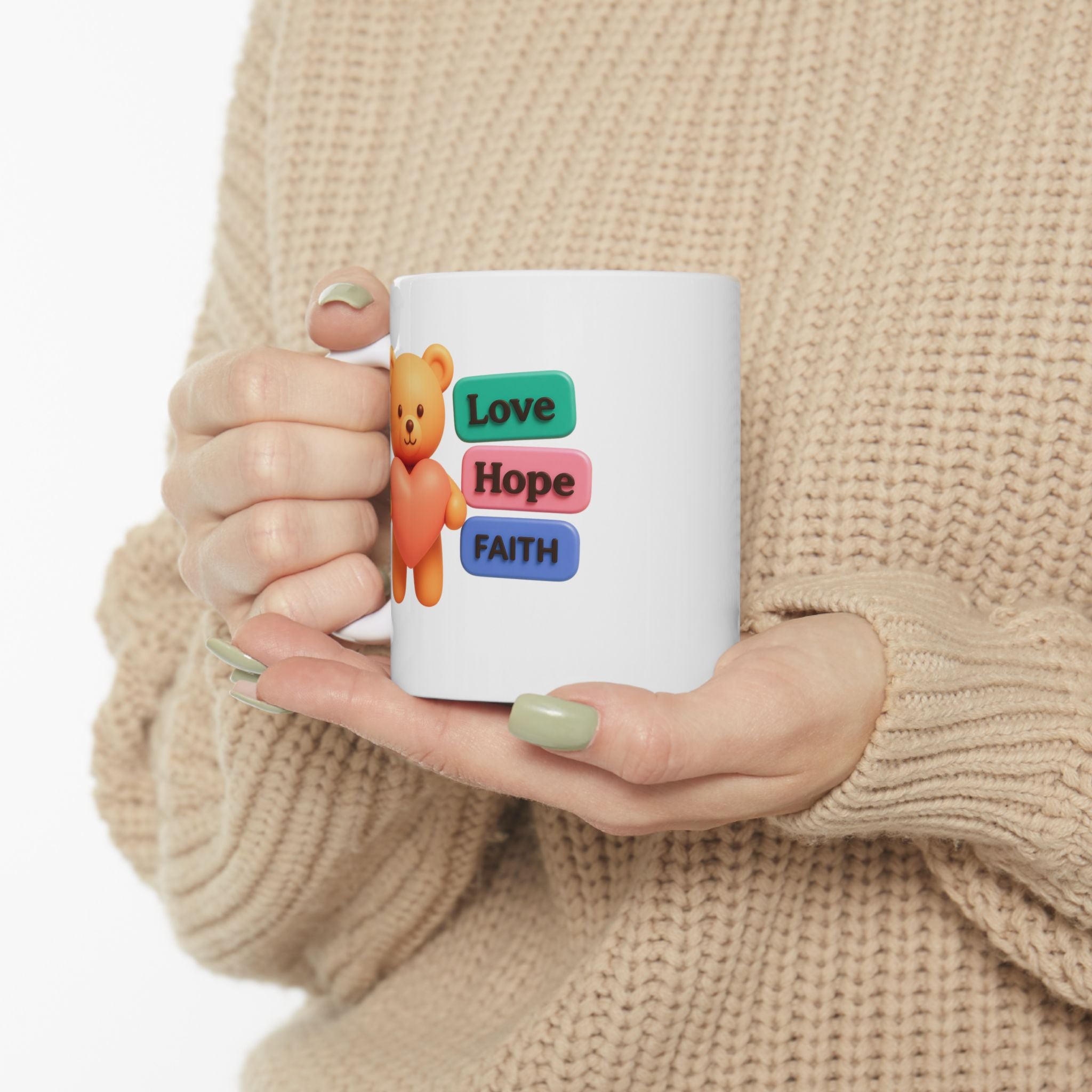 Cute Heart Bear Illustration Mug | Colorful Motivational Text Buttons