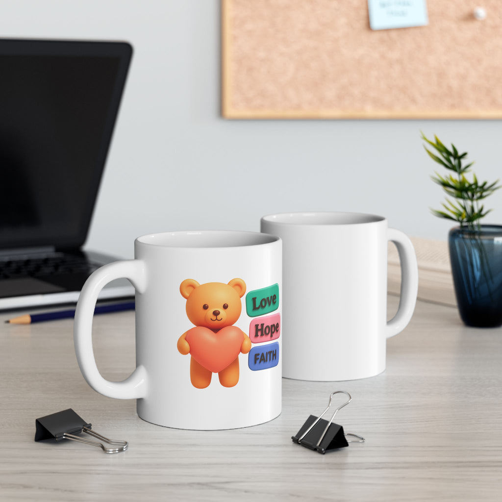 Cute Heart Bear Illustration Mug | Colorful Motivational Text Buttons